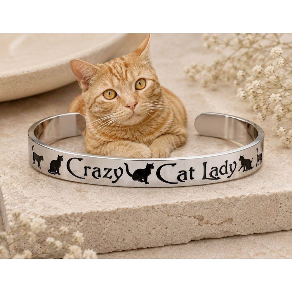 “Crazy Cat Lady” Cuff Bracelet Stainless Steel Silver-tone Kitty Cat Lovers